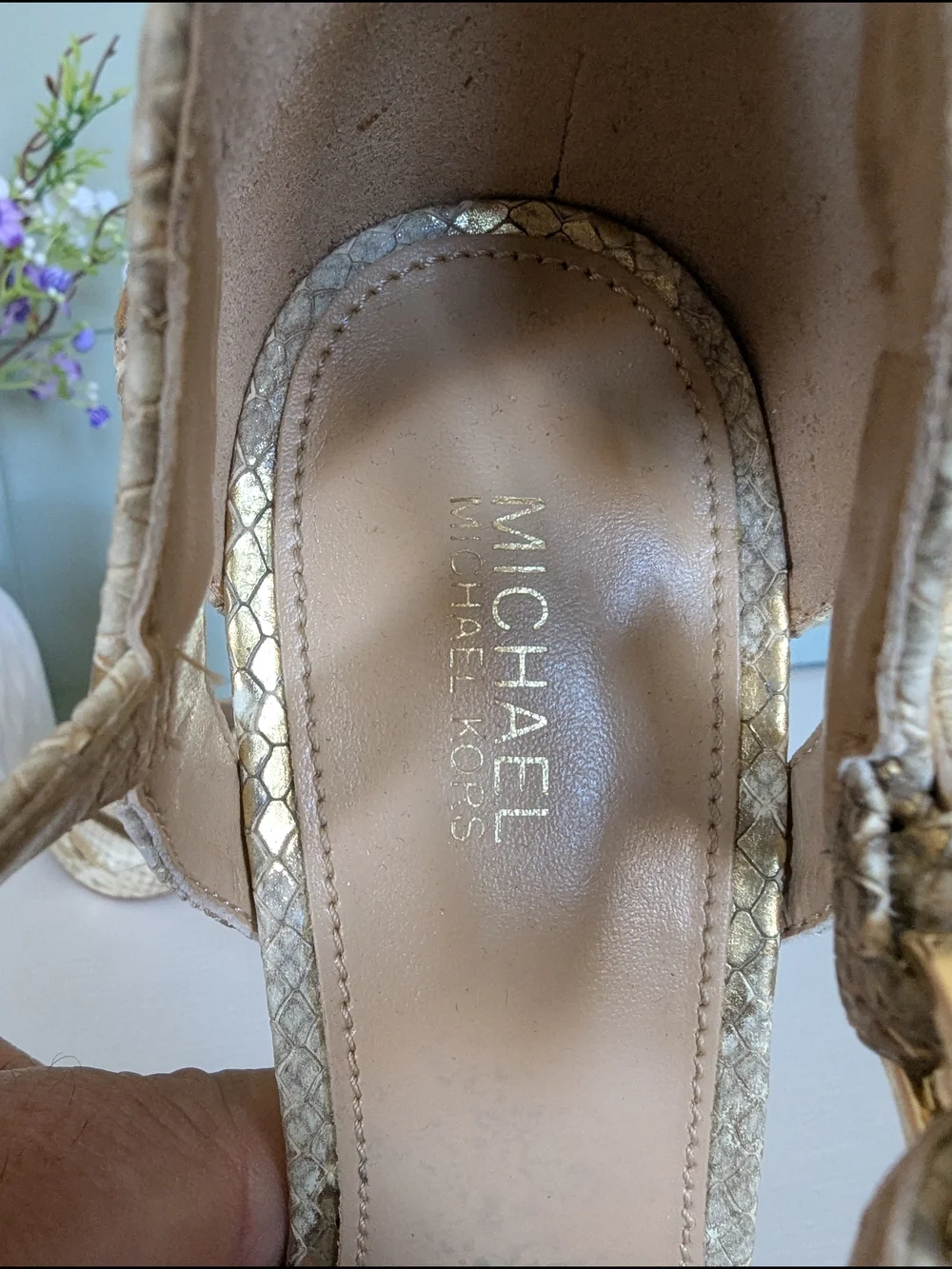 Michael Kors Gold Snakeskin Block Heel Sandals with Ankle Strap